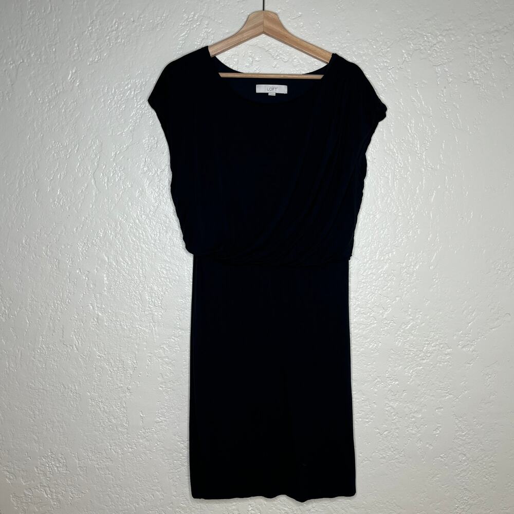 Loft Women's Black Blouson Top Cap Sleeve Round Neck Jersey Knit Dress Sz Medium
